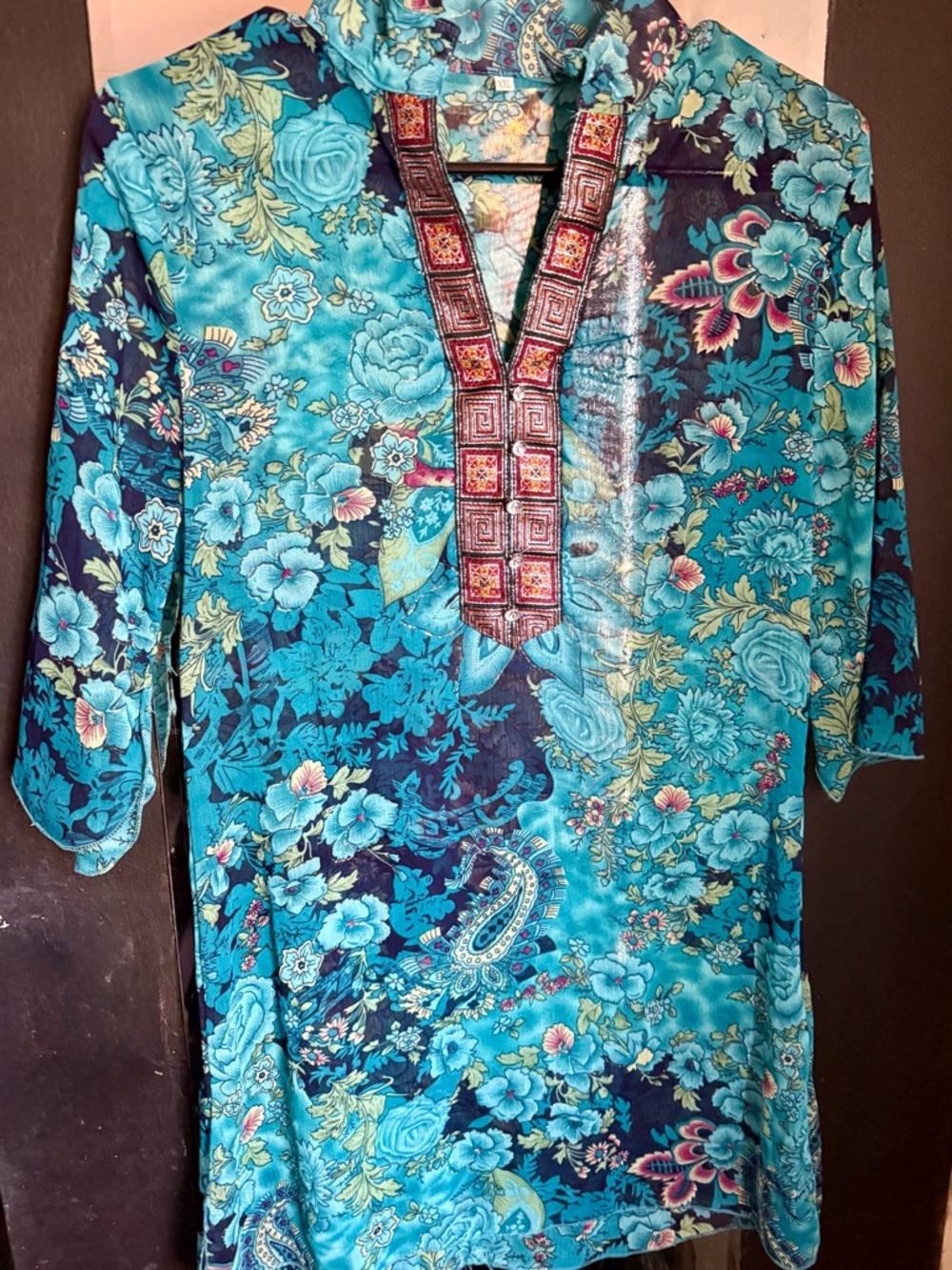 Turquoise Floral Tunic with Embroidered Placket
